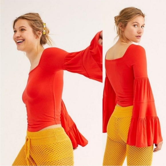 Free People | Tops | Free People Babetown Red Bell Sleeve Top S | Poshmark